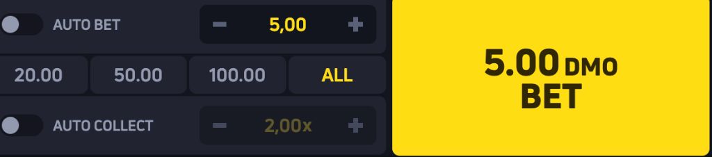 JetX bet panel with auto bet and auto collect controls