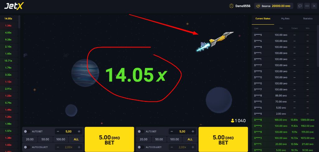 JetX crash game in-flight at 14.05x multiplier