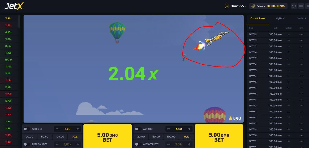 JetX jet flying at 2.04x with live bet panel